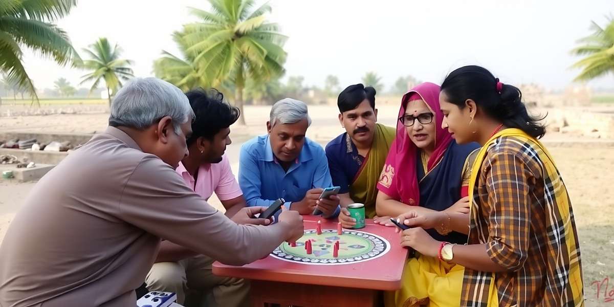 Indian players of Mace Glorious Emporer gathered in a village, playing on their smartphones and discussing strategies