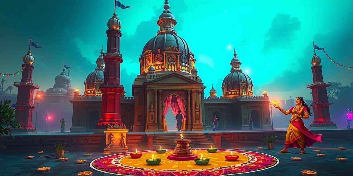 Mace Glorious Emporer festival celebration showing Indian kingdom decorated for Diwali with diyas, rangoli and special events