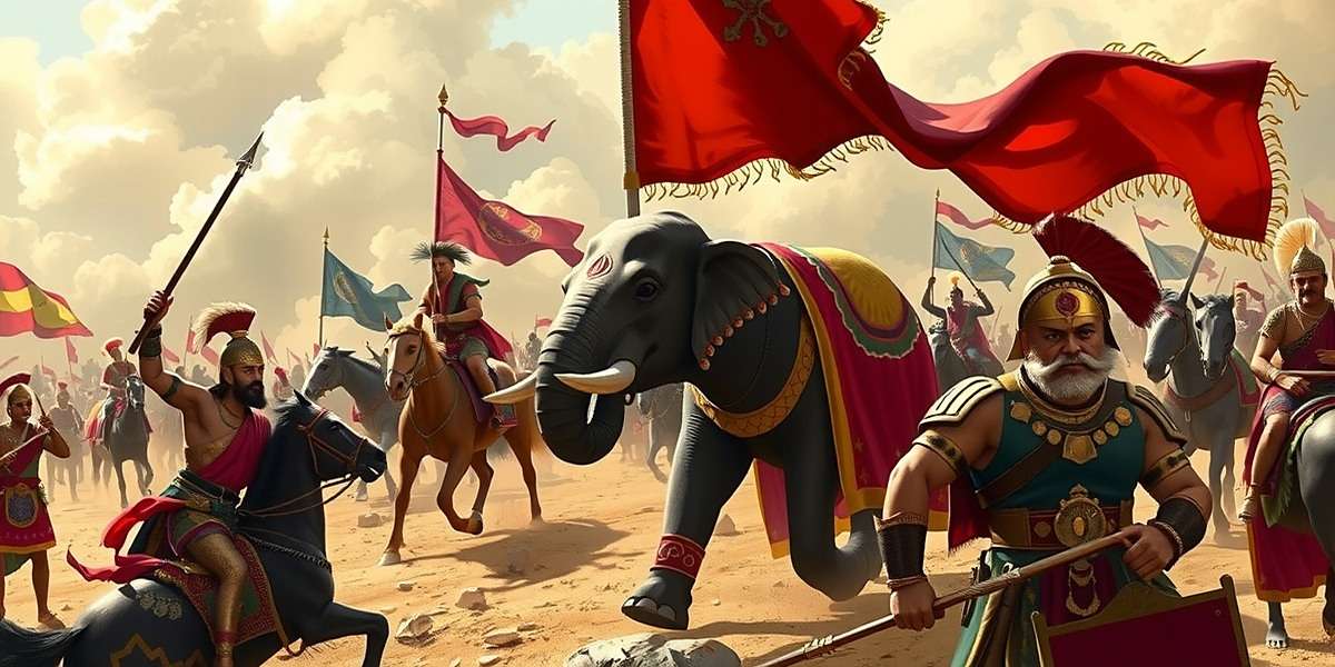 Mace Glorious Emporer battle scene showing Indian warriors fighting with elephants, horses and chariots on a historic battlefield