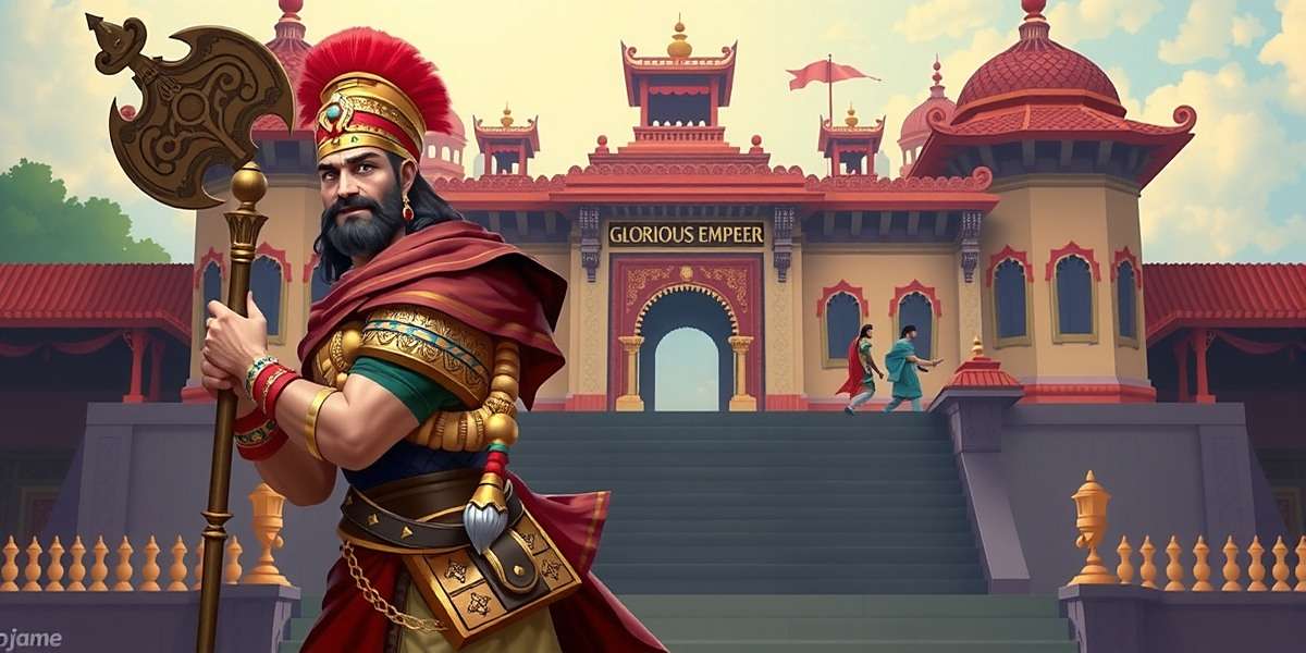 Mace Glorious Emporer game cover showing ancient Indian emperor with royal mace, standing in front of grand palace