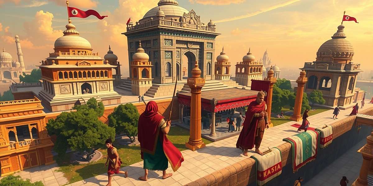 Mace Glorious Emporer gameplay showing ancient Indian city with temples, markets and people going about daily life